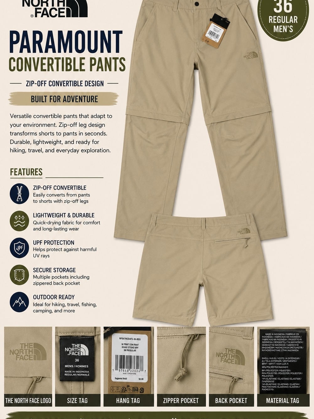 The North Face Paramount Hiking Travel Pants Convertible Khaki 36R NWT